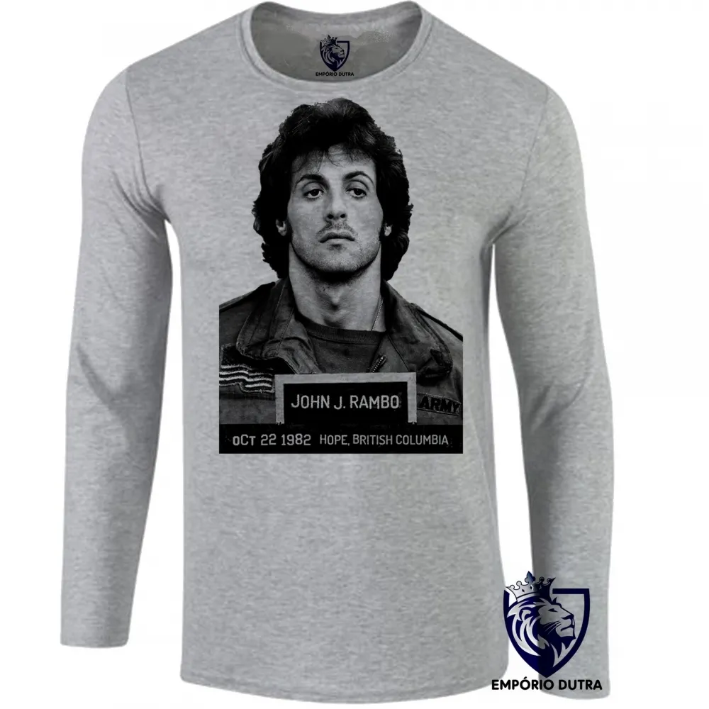 Camiseta manga longa Infantil ou Adulto Sylvester Stallone John Rambo preso 1985
