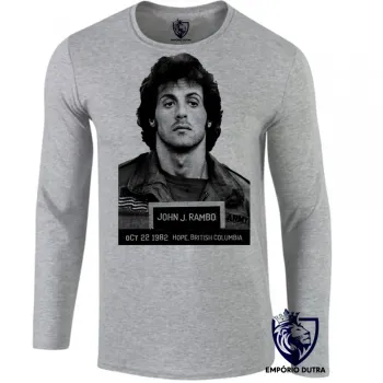 Camiseta manga longa Infantil ou Adulto Sylvester Stallone John Rambo preso 1985