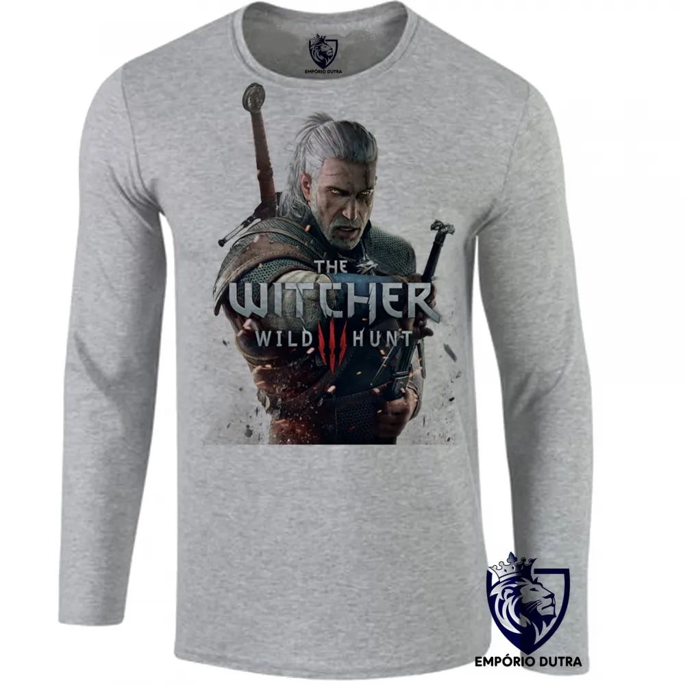 Camiseta manga longa Infantil ou Adulto The Witcher wild hunt jogo game serie seriado