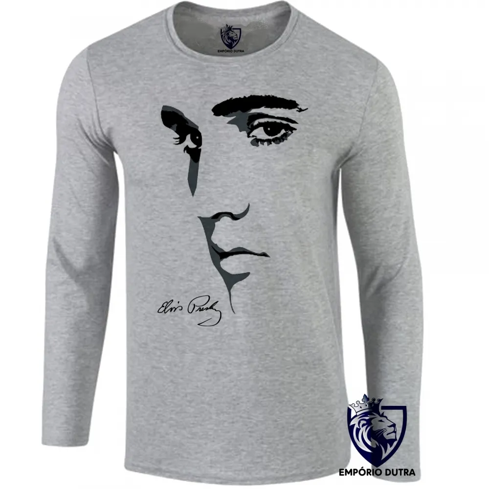 Camiseta manga longa Infantil ou Adulto Elvis Presley Rosto rock musica