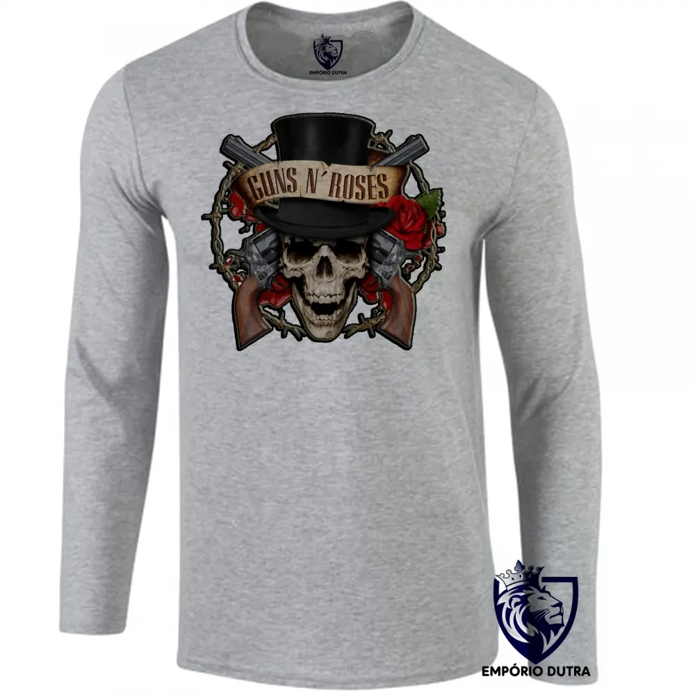 Camiseta manga longa Infantil ou Adulto guns in roses caveira rock in roll