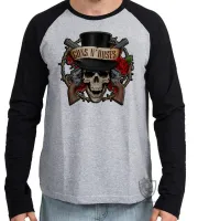 Camiseta manga longa Infantil ou Adulto guns in roses caveira rock in roll - Foto 2