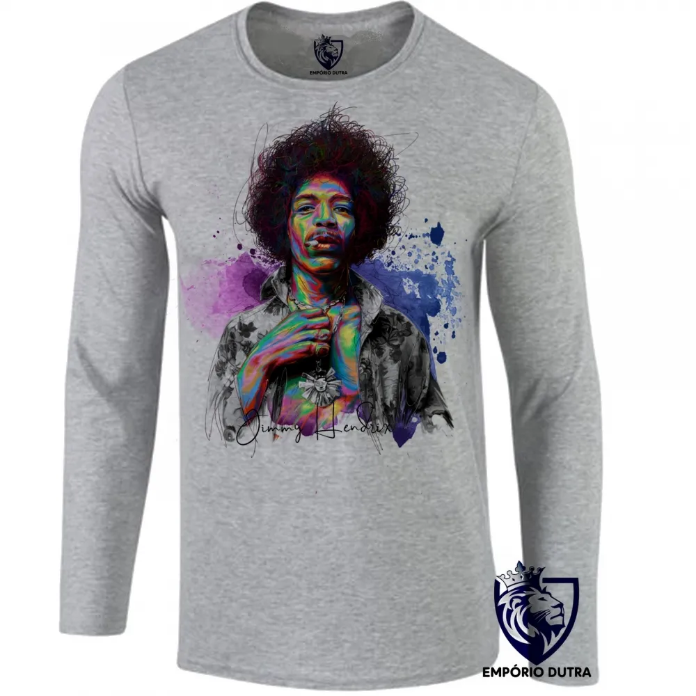 Camiseta manga longa Infantil ou Adulto Jimmy Hendrix colorido rock guitarra Imagem