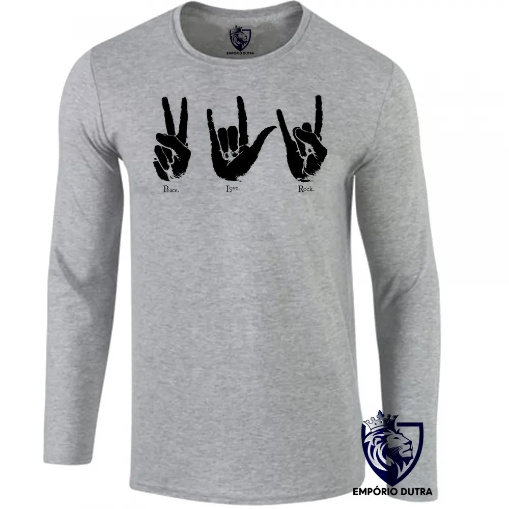 Camiseta manga longa Infantil ou Adulto Paz love rock libras