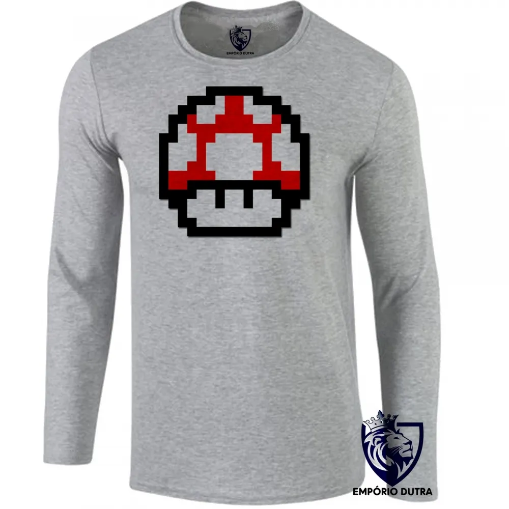 Camiseta manga longa Infantil ou Adulto Super Mario pixel cogumelo toad