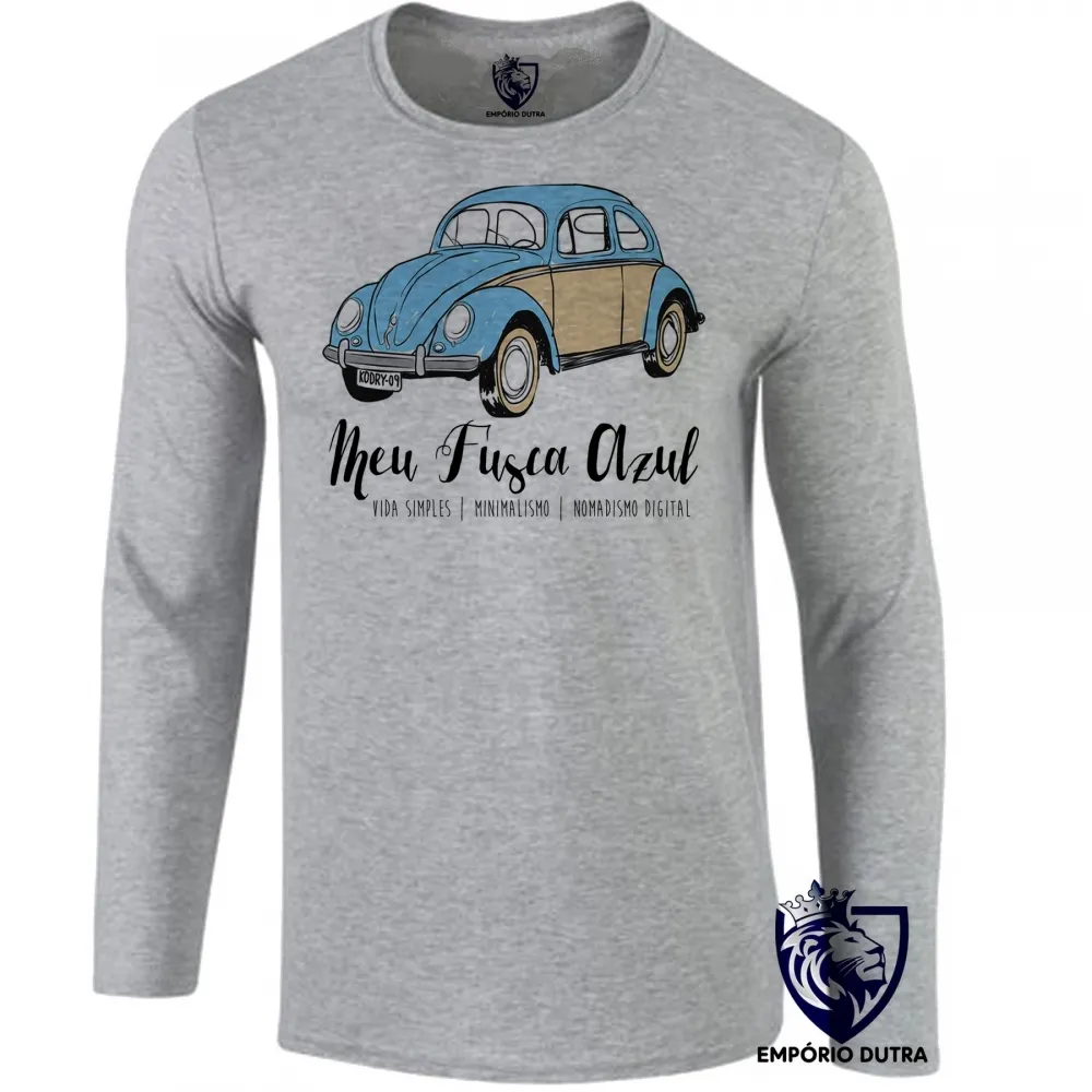 Camiseta manga longa Infantil ou Adulto Fusca Azul carro volkswagen fuca
