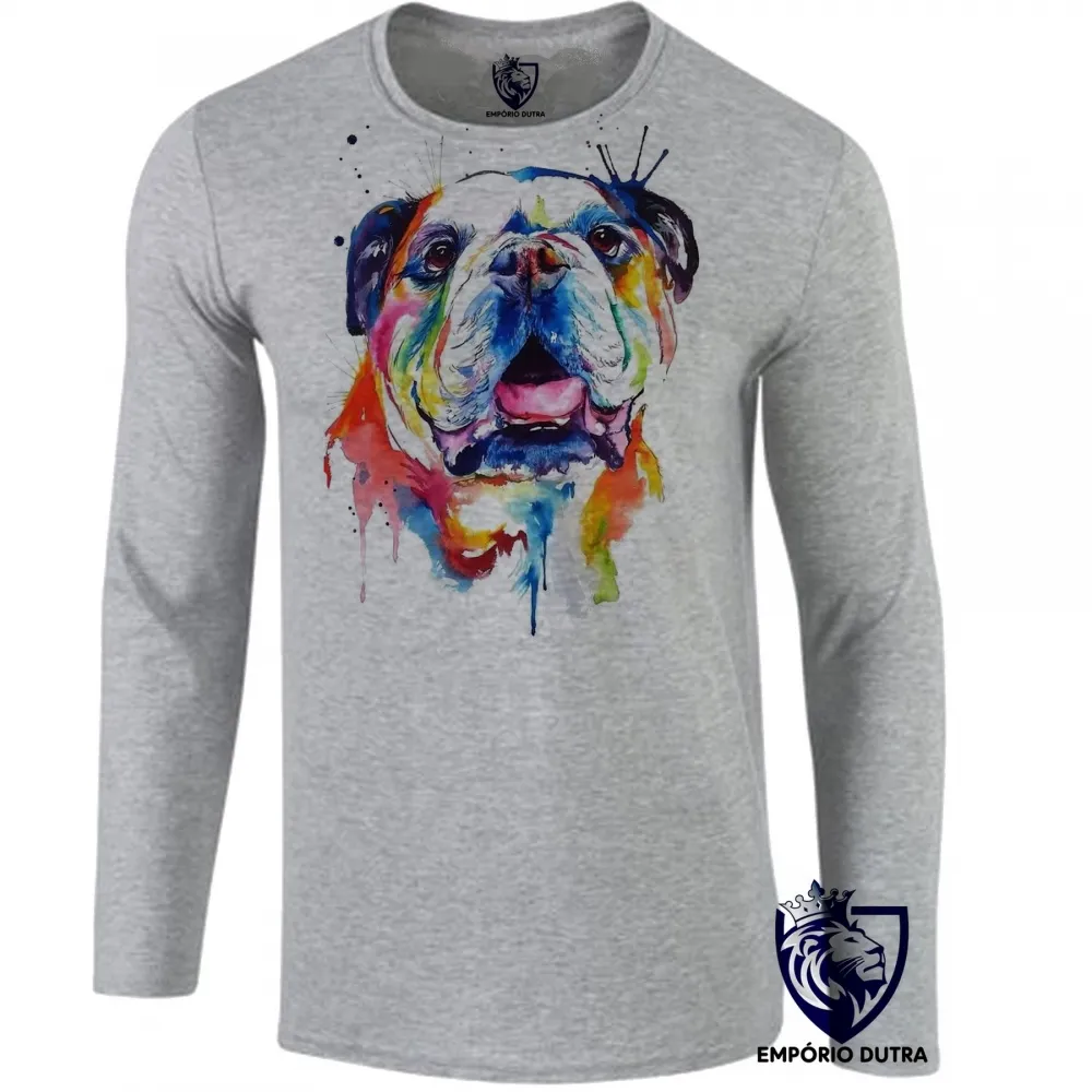 Camiseta manga longa Infantil ou Adulto cachorro bulldog Buldogue colorido