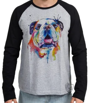 Camiseta manga longa Infantil ou Adulto cachorro bulldog Buldogue colorido - Foto 2