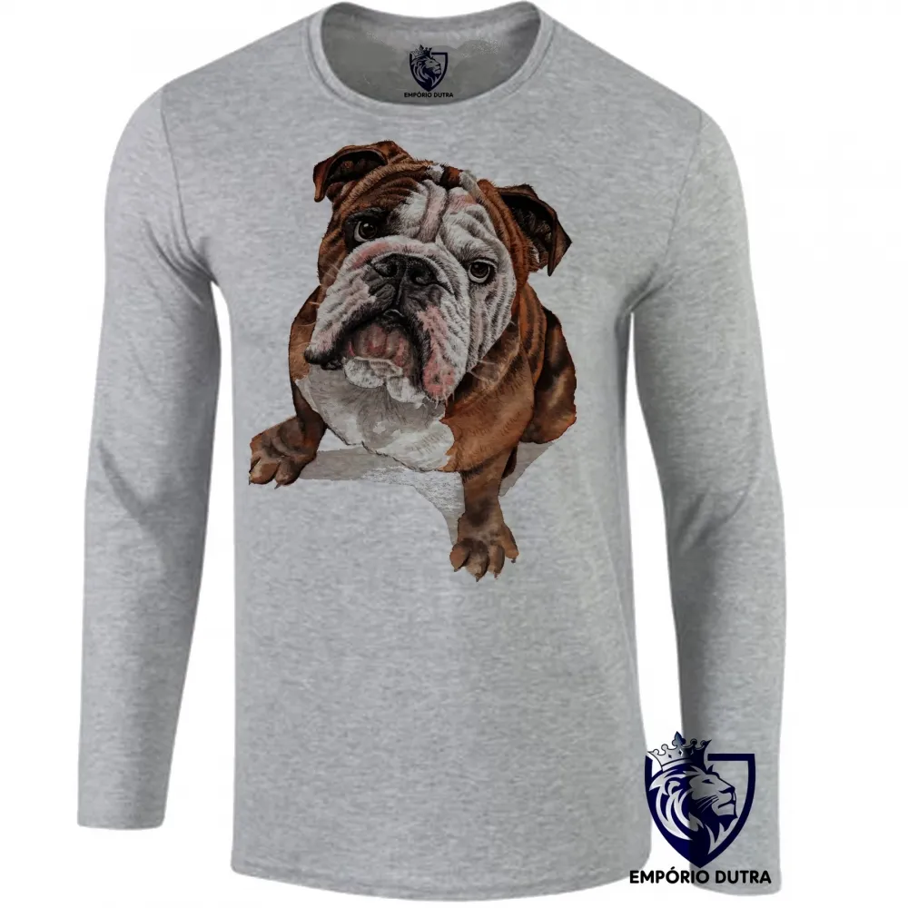 Camiseta manga longa Infantil ou Adulto cachorro bulldog Buldogue raça canina Imagem