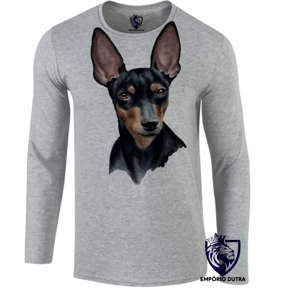 Camiseta manga longa Infantil ou Adulto cachorro cão dog pinscher preto marrom Imagem