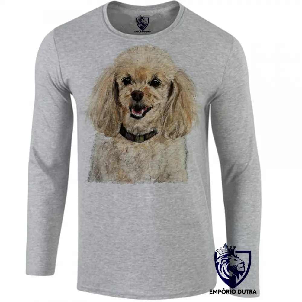 Camiseta manga longa Infantil ou Adulto cachorro cão dog poodle raça canina Imagem