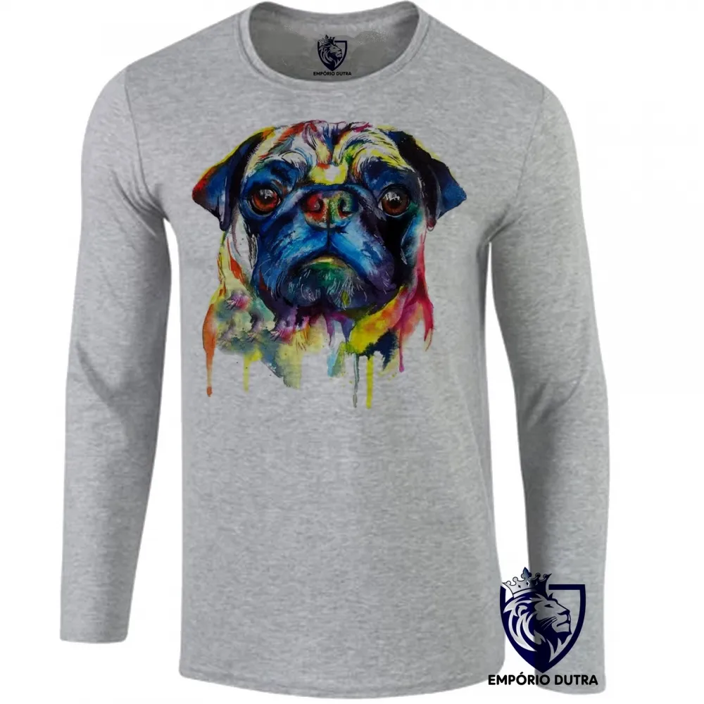 Camiseta manga longa Infantil ou Adulto cachorro cão dog pug colorido pintura color Imagem