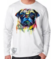 Camiseta manga longa Infantil ou Adulto cachorro cão dog pug colorido pintura color - Foto 2