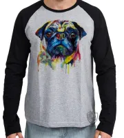 Camiseta manga longa Infantil ou Adulto cachorro cão dog pug colorido pintura color - Foto 3