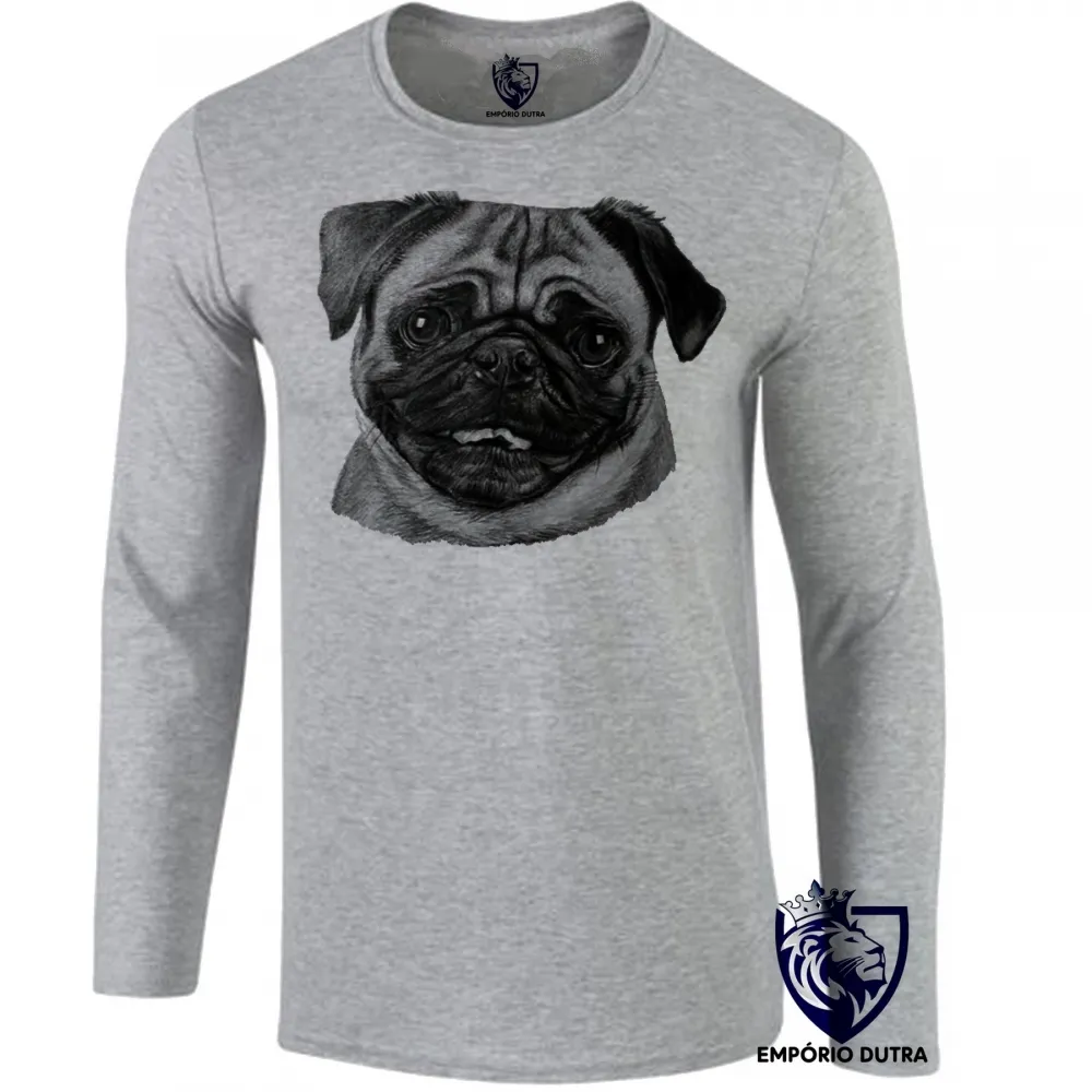 Camiseta manga longa Infantil ou Adulto cachorro cão dog pug preto e branco