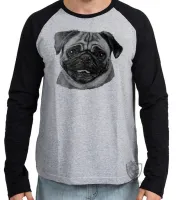 Camiseta manga longa Infantil ou Adulto cachorro cão dog pug preto e branco - Foto 3