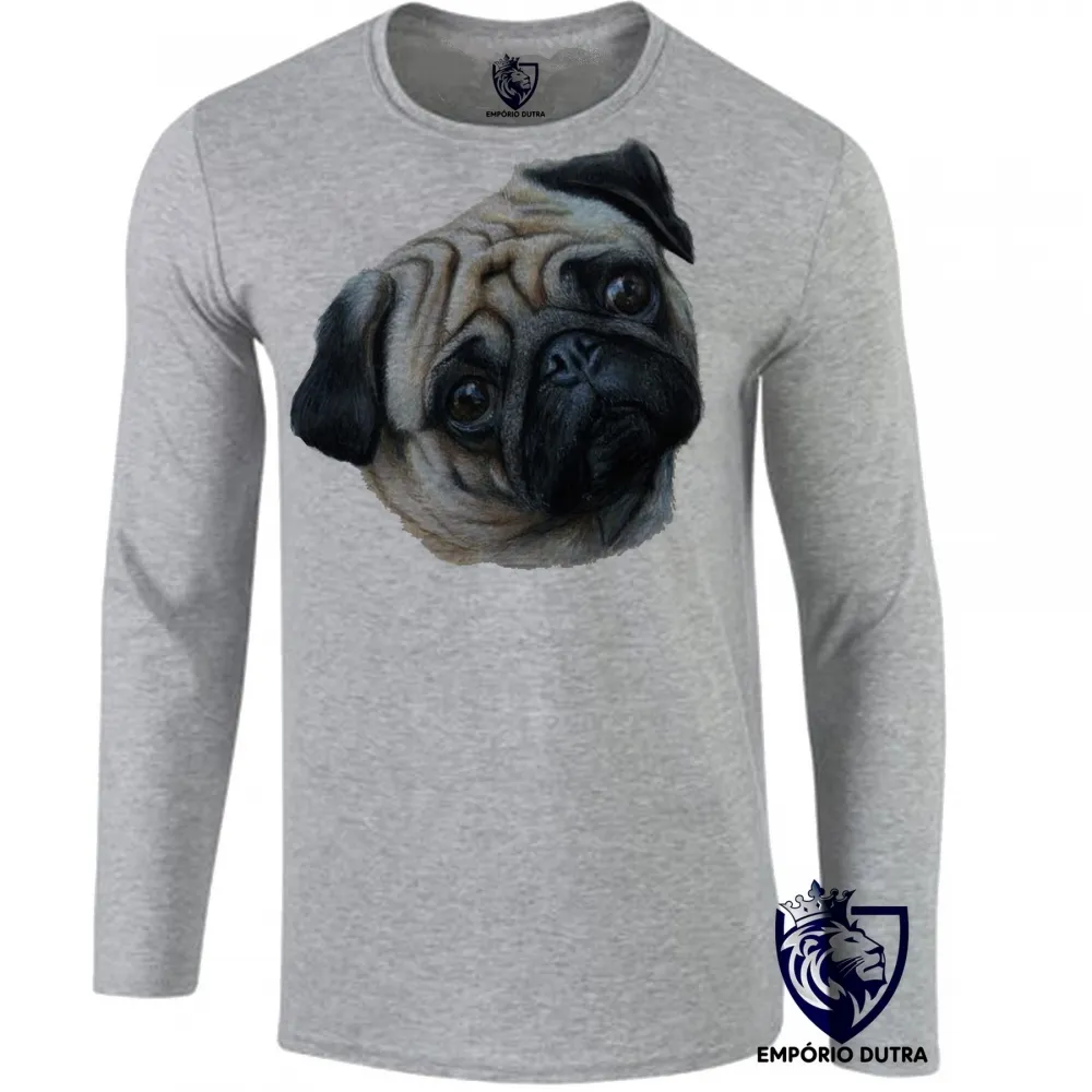 Camiseta manga longa Infantil ou Adulto cachorro cão dog pug raça canina