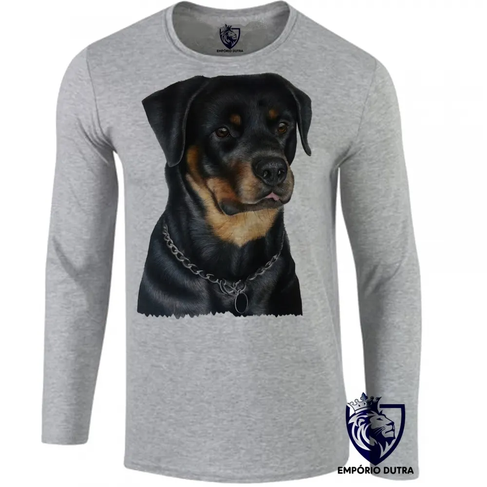 Camiseta manga longa Infantil ou Adulto cachorro cão dog rottweiler black raça Imagem