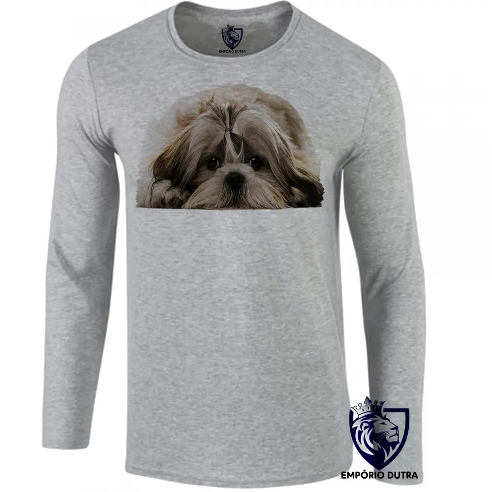 Camiseta manga longa Infantil ou Adulto cachorro cão dog Shih tzu raça canina