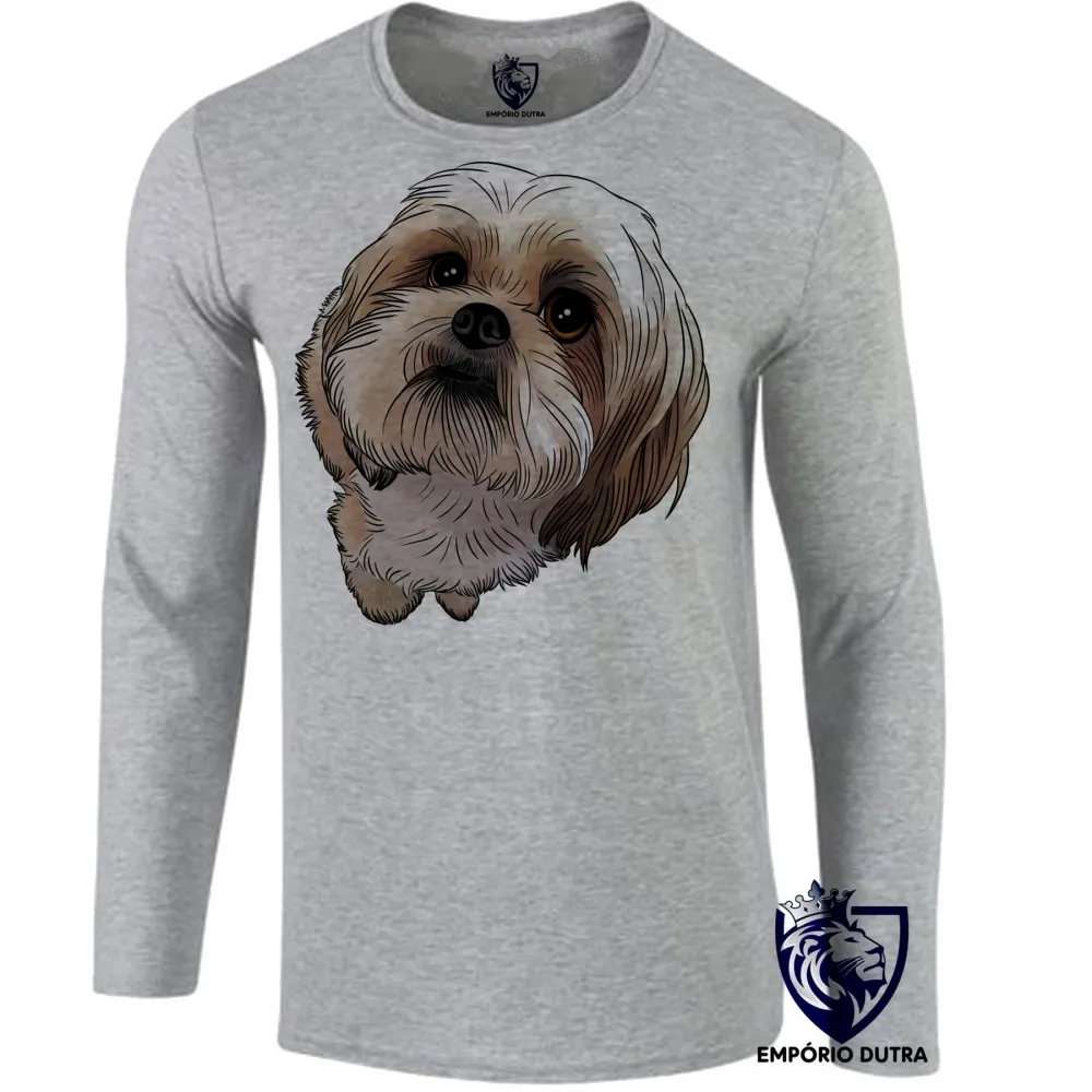 Camiseta manga longa Infantil ou Adulto cachorro cão dog Shih tzu raça fofo lindo Imagem
