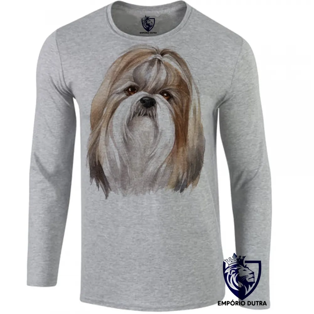 Camiseta manga longa Infantil ou Adulto cachorro cachorro cão dog Shih tzu raça pintura Imagem