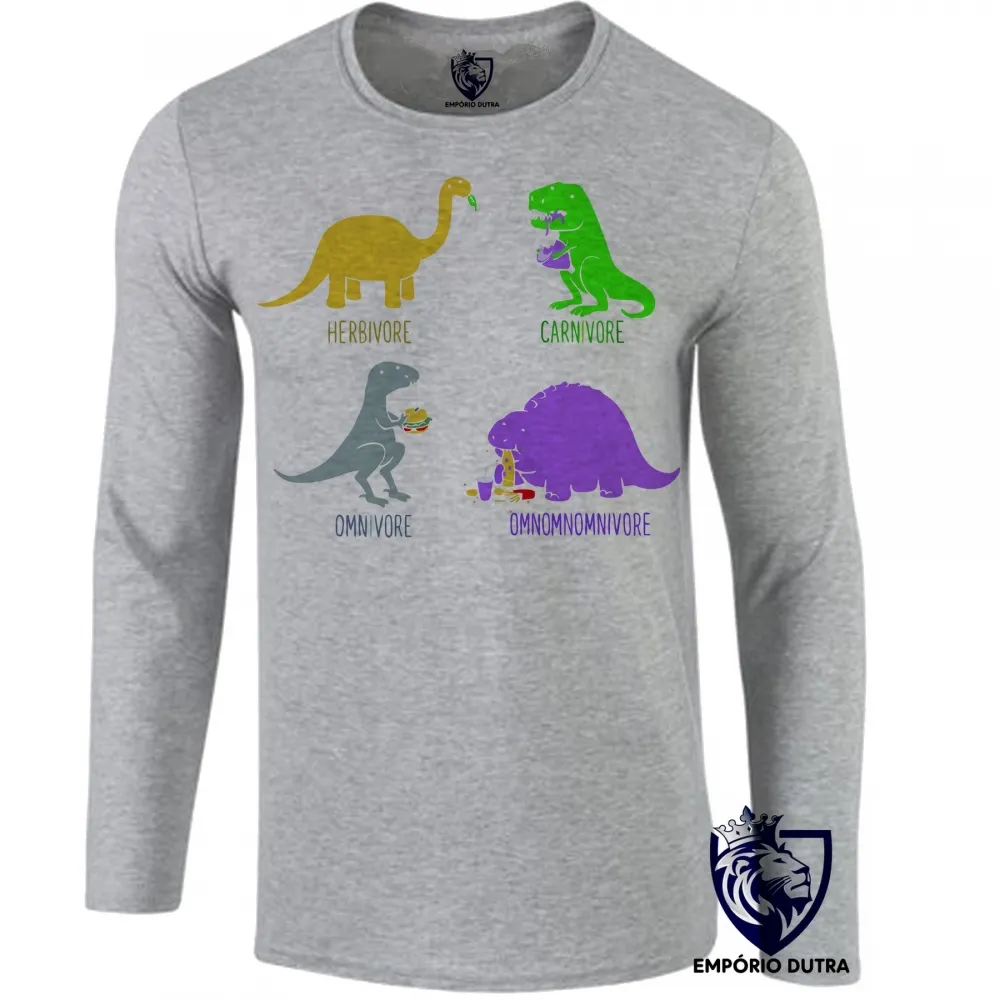 Camiseta manga longa Infantil ou Adulto Dinossauros carnivoro vegetariano vegano