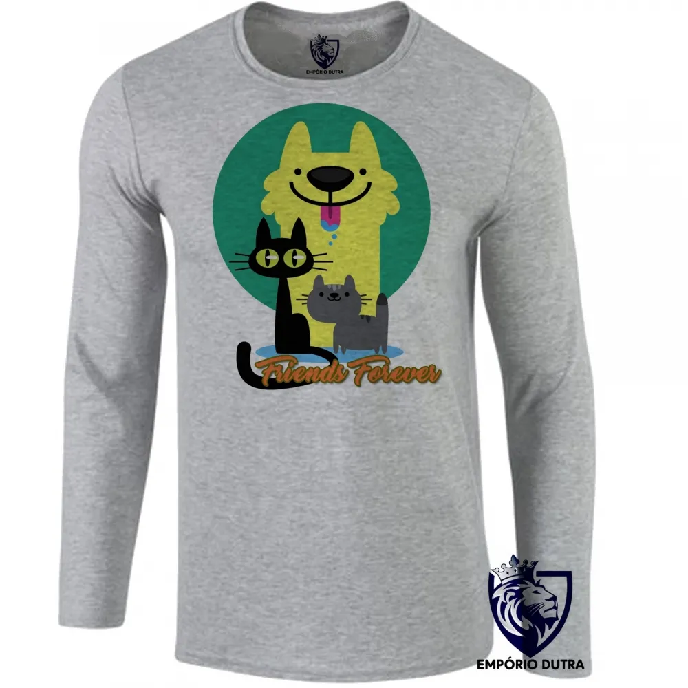 Camiseta manga longa Infantil ou Adulto Friends Forever gato cachorro amigos Imagem