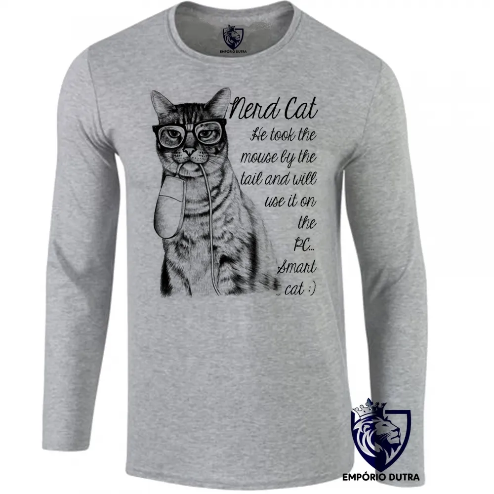 Camiseta manga longa Infantil ou Adulto Gato nerd mouse boca rato Imagem