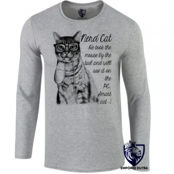 Camiseta manga longa Infantil ou Adulto Gato nerd mouse boca rato