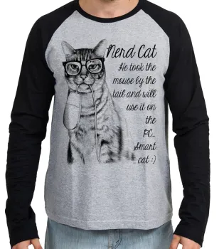 Camiseta manga longa Infantil ou Adulto Gato nerd mouse boca rato - Foto 2