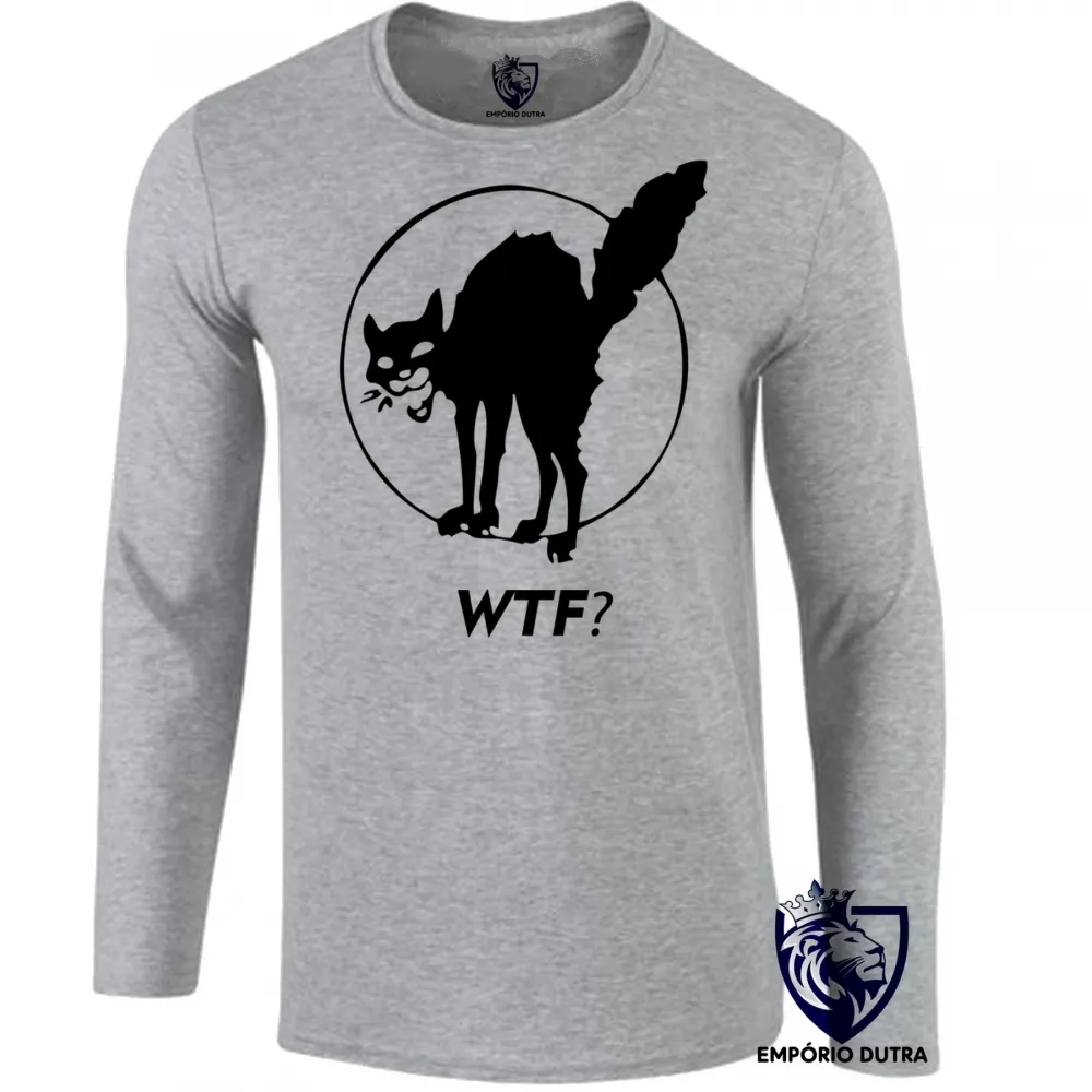 Camiseta manga longa Infantil ou Adulto Gato preto WTF gatinho felino Imagem