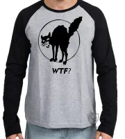 Camiseta manga longa Infantil ou Adulto Gato preto WTF gatinho felino - Foto 2