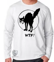 Camiseta manga longa Infantil ou Adulto Gato preto WTF gatinho felino - Foto 3