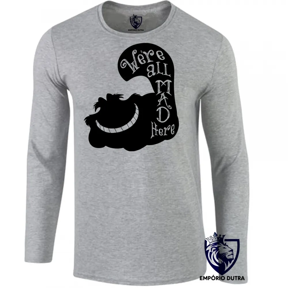 Camiseta manga longa Infantil ou Adulto gato Were all mad here gato cat preto black Imagem