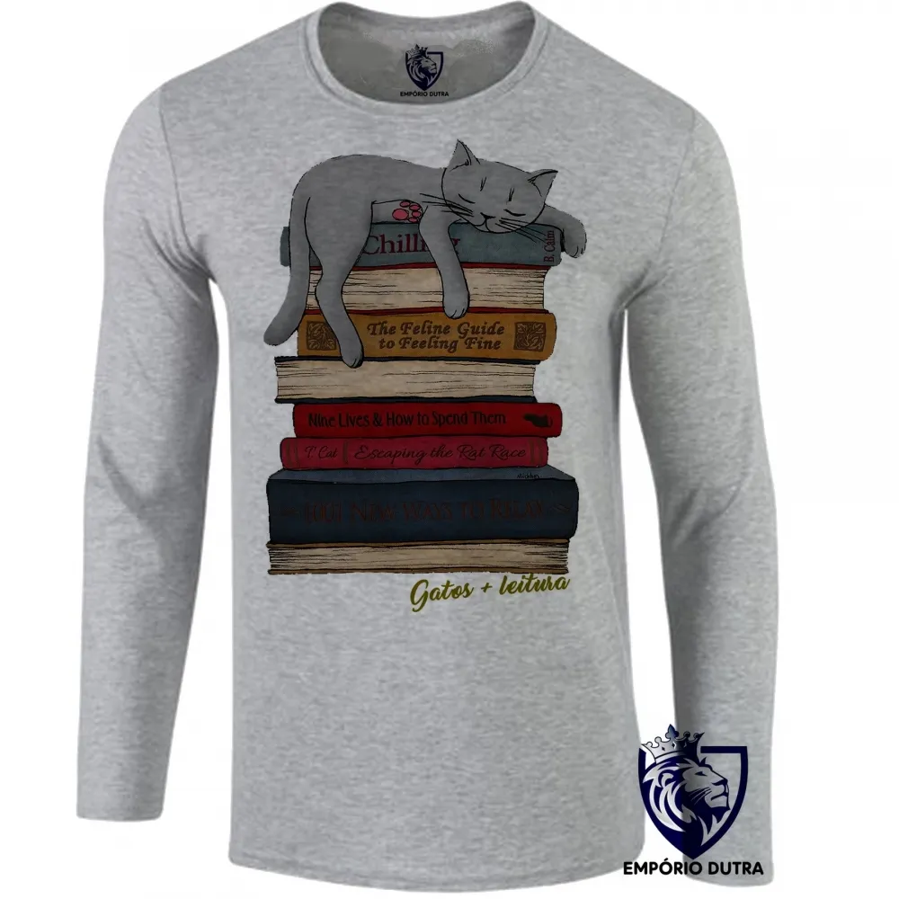 Camiseta manga longa Infantil ou Adulto Gatos leitura pilha livros cat