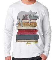 Camiseta manga longa Infantil ou Adulto Gatos leitura pilha livros cat - Foto 2