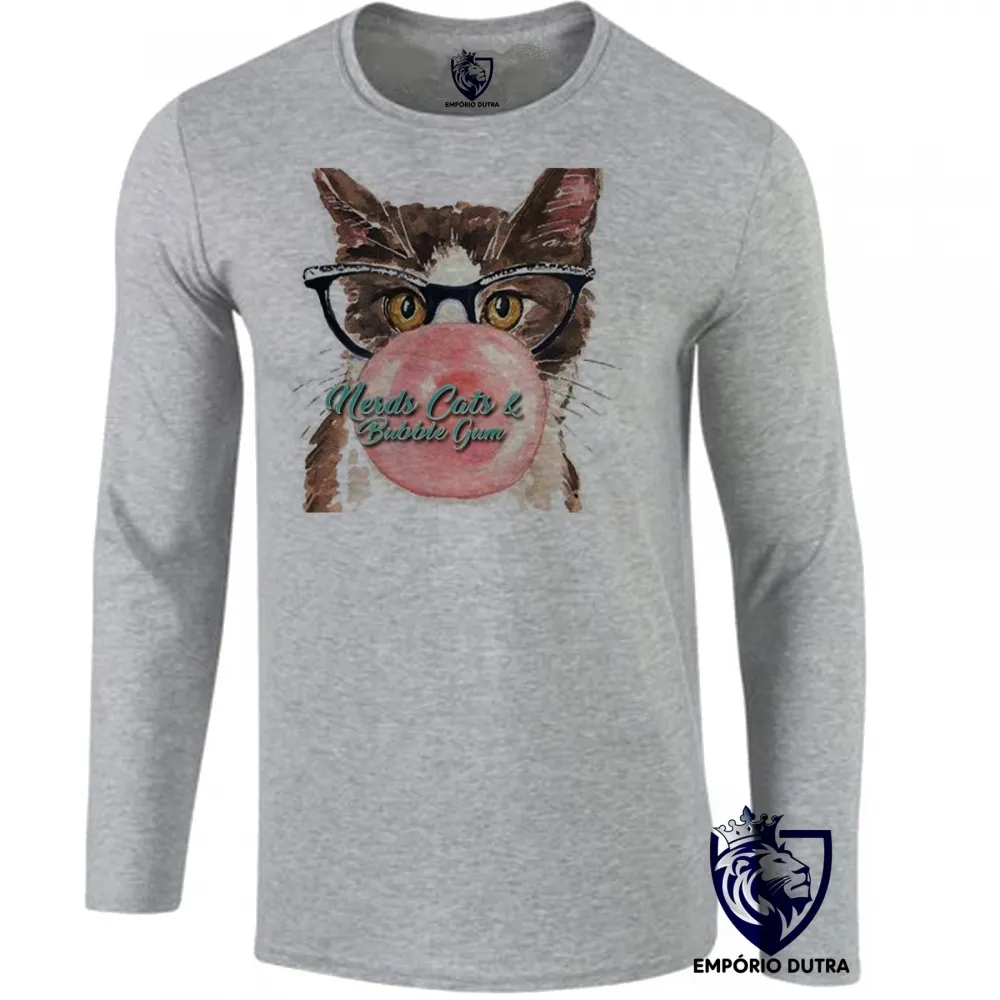 Camiseta manga longa Infantil ou Adulto Gatos nerds chicletes cats bubble gum