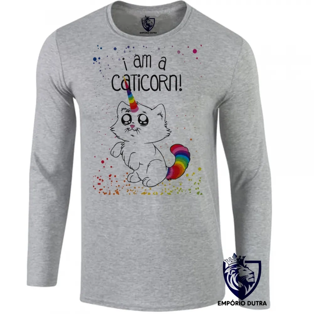 Camiseta manga longa Infantil ou Adulto cachorro I am a caticorn gato unicórnio