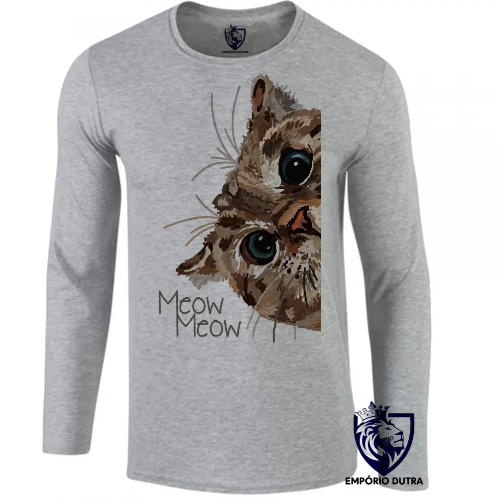 Camiseta manga longa Infantil ou Adulto Meow gato cat espiando felino gatinho Imagem