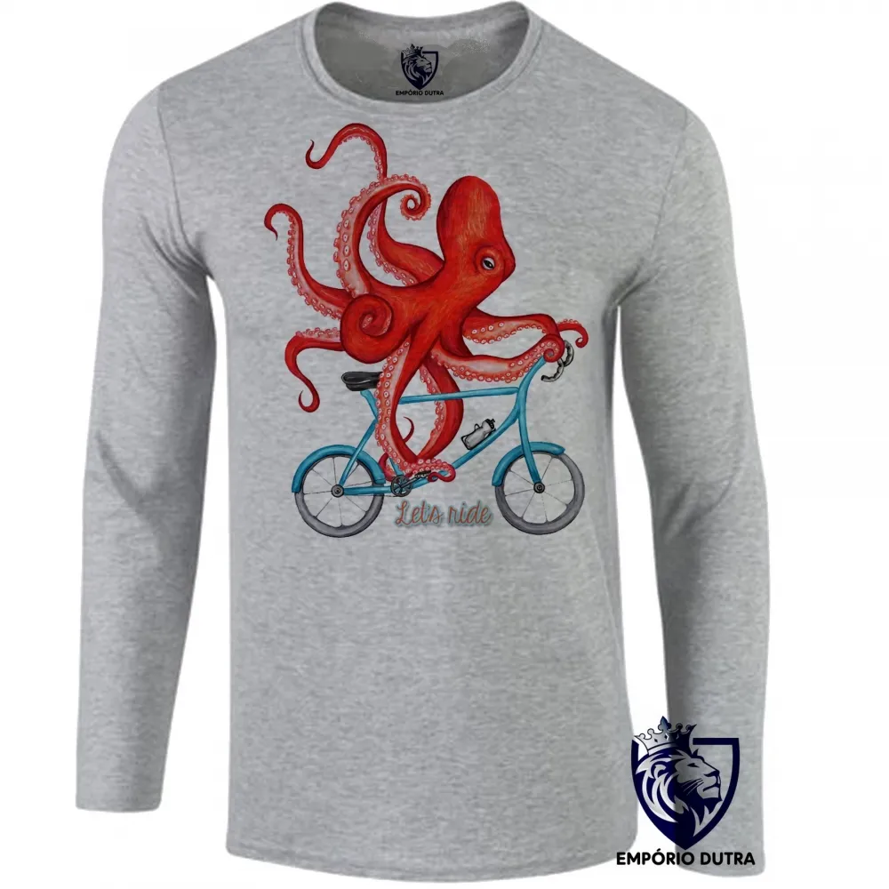 Camiseta manga longa Infantil ou Adulto Polvo bicicleta lets ride ciclista bike