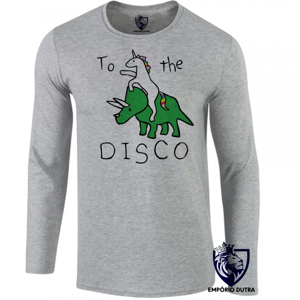 Camiseta manga longa Infantil ou Adulto To the disco dinossauro unicórnio