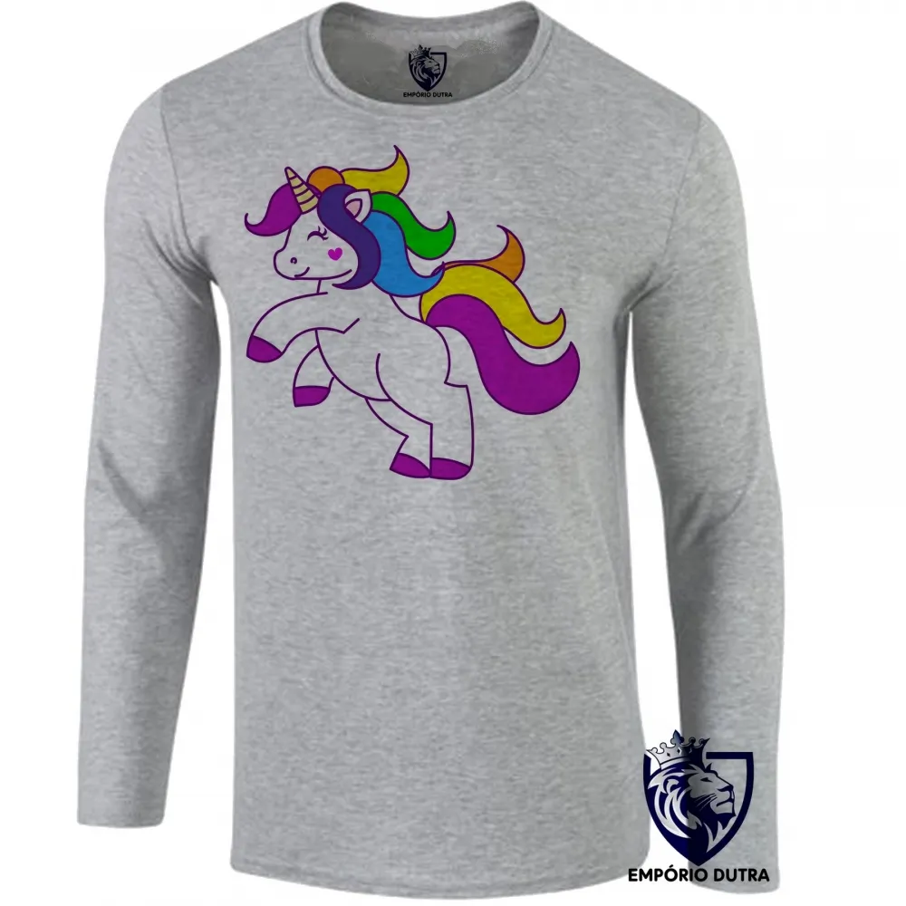 Camiseta manga longa Infantil ou Adulto unicornio cavalo colorido mitologia Imagem