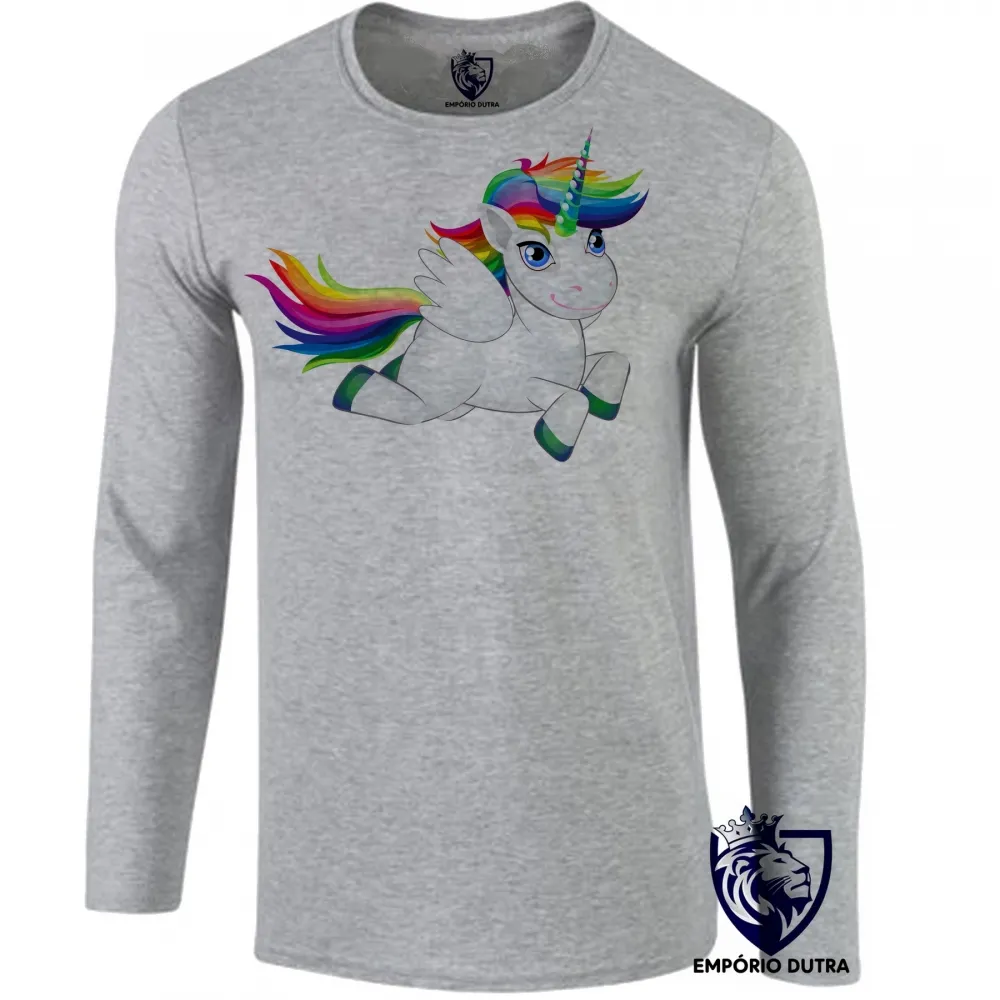 Camiseta manga longa Infantil ou Adulto unicornio cavalo colorido salto