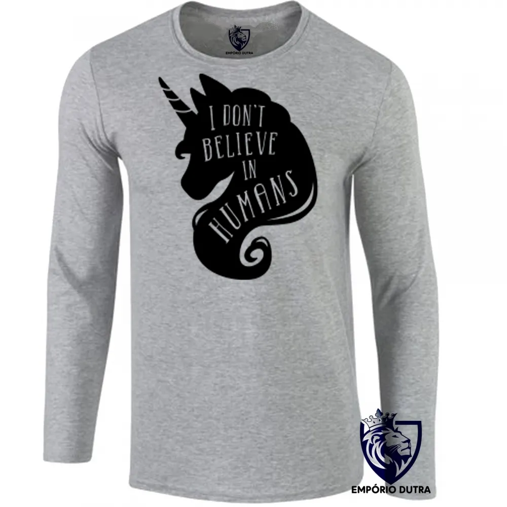 Camiseta manga longa Infantil ou Adulto Unicórnio não acredito em humanos Imagem
