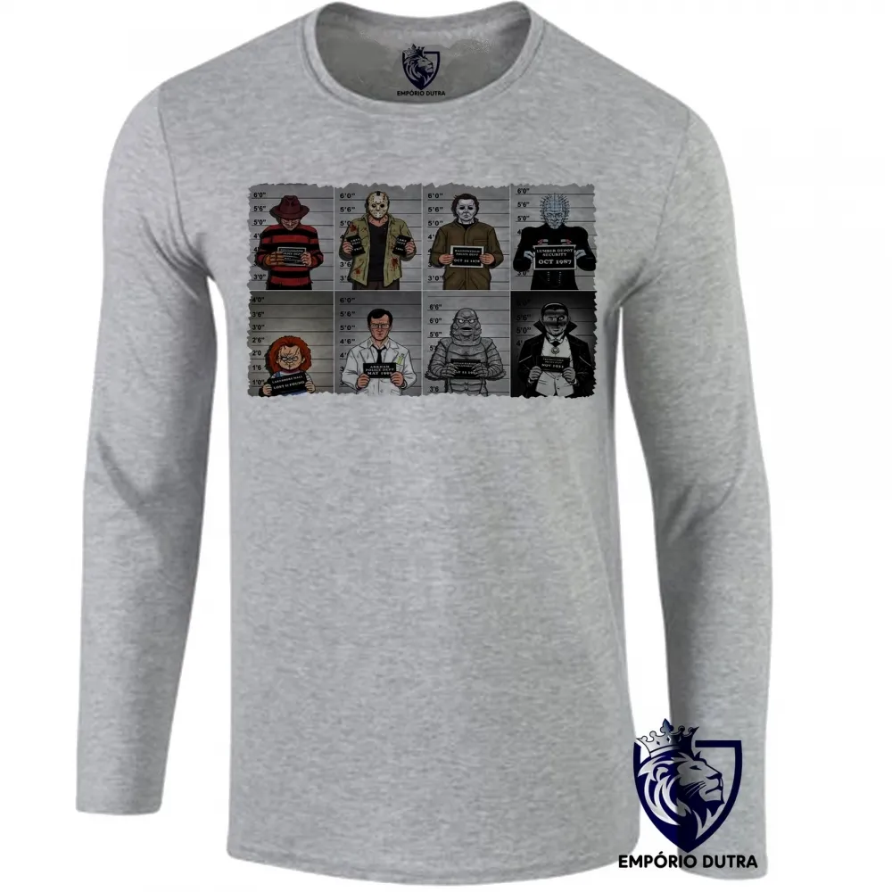 Camiseta manga longa Infantil ou Adulto vilão anos 80 preso jason chuck Freddy Krueger Massacre da Serra Elétrica Halloween hugo strange monstro lagoa negra