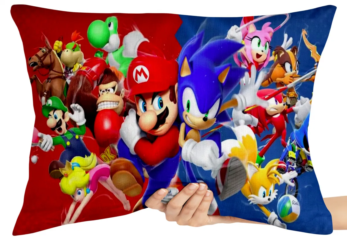 Capa de Almofada ou Travesseiro Sonic e Mario BRos
