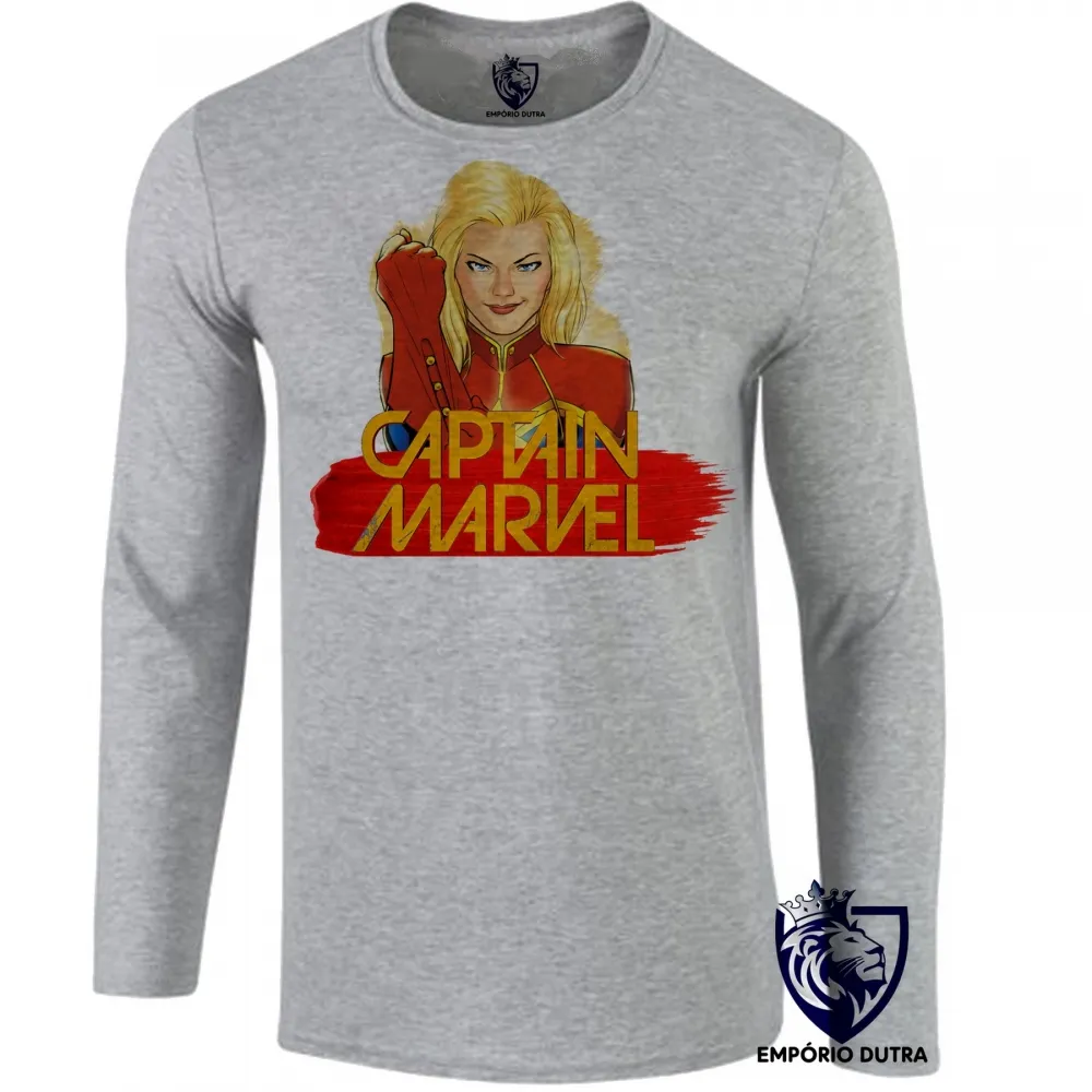 Camiseta manga longa Infantil ou Adulto Capitã Marvel heroi feminina