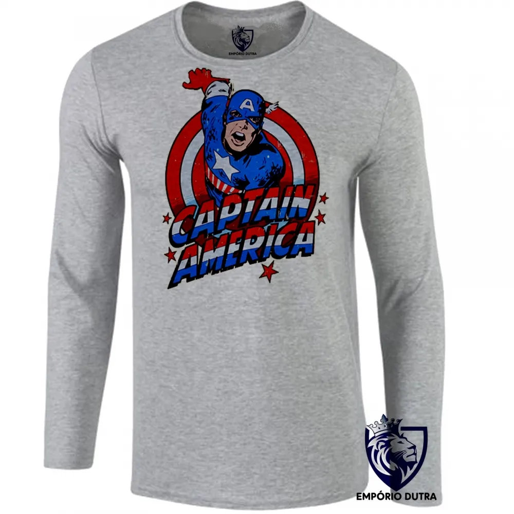 Camiseta manga longa Infantil ou Adulto Capitão américa cartoon marvel Imagem