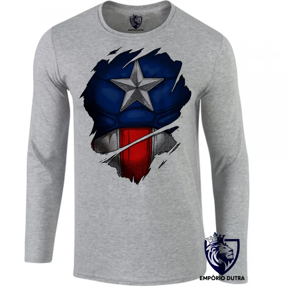 Camiseta manga longa Infantil ou Adulto Capitão america marvel disfarce