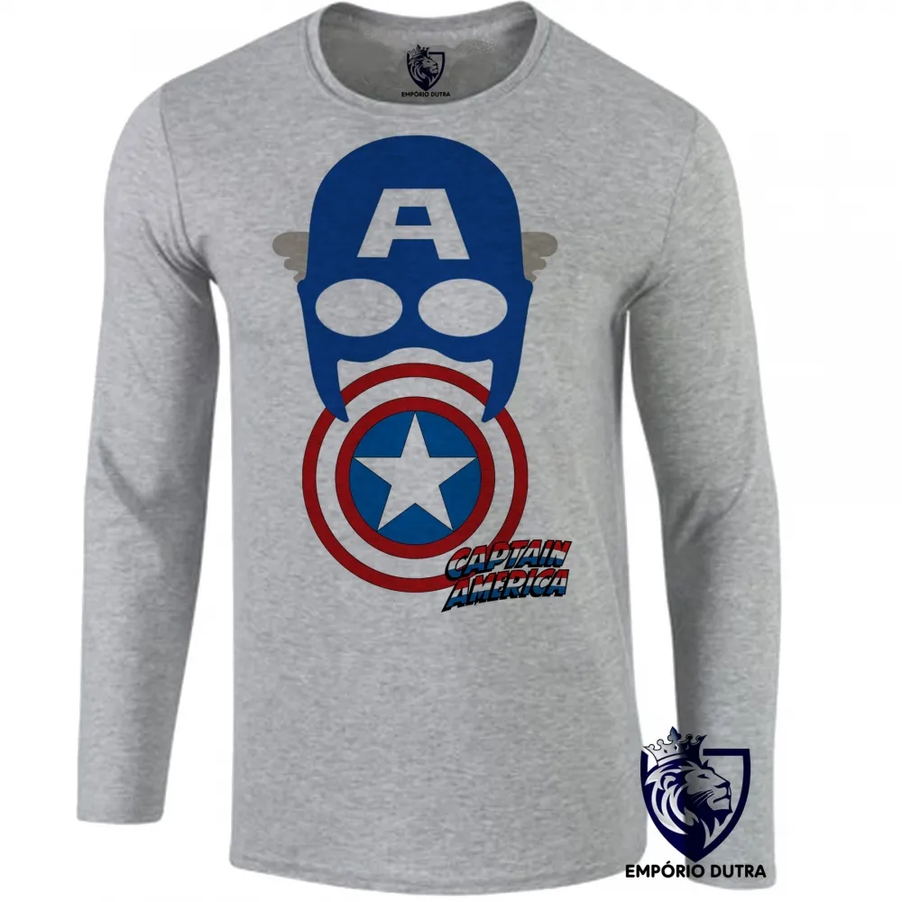 Camiseta manga longa Infantil ou Adulto Capitão América máscara escudo